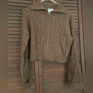 Brown Cropped Zip Up Sweater
